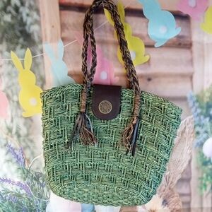 👜 REHAB Green Woven Straw Tote Bag